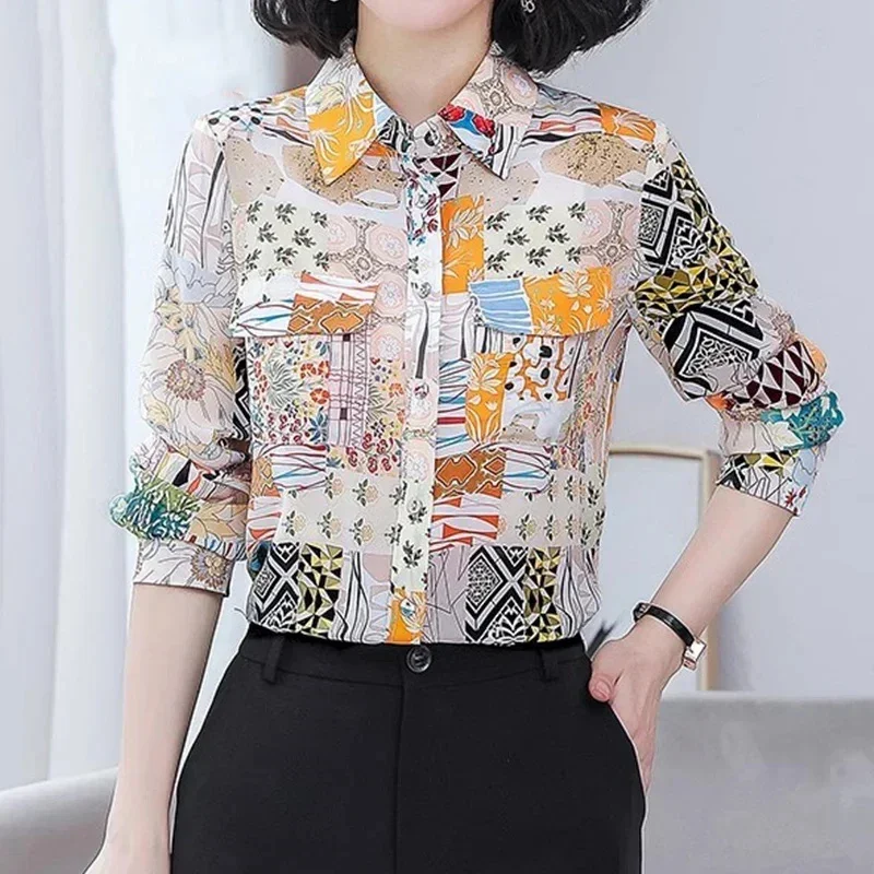 Рубашка Женская Casual Women Summer Shirt Long Sleeve Lapel Blouse Fashion Print Office Lady Chiffon Plus Size Camisas Y Blusas