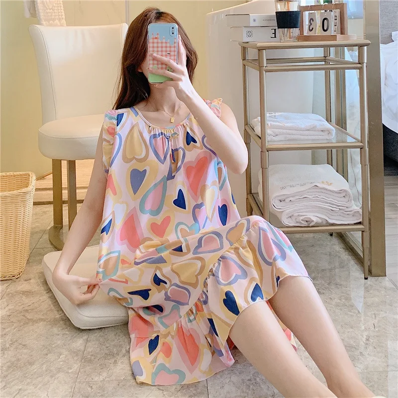 New Summer Women Dress 100% Cotton Gauze Nightdress Sleeveless Thin Round Neck Flower Print Cute Home Clothes Dress