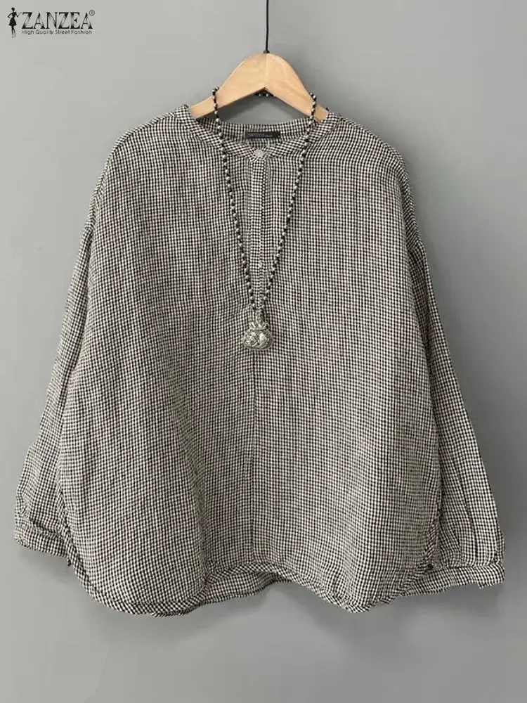 ZANZEA 가을 여성 체크 블라우스 긴 소매 체크무늬 셔츠 2025 패션 O넥 캐주얼 우아한 오피스 스트리트웨어 블루사 페미니나