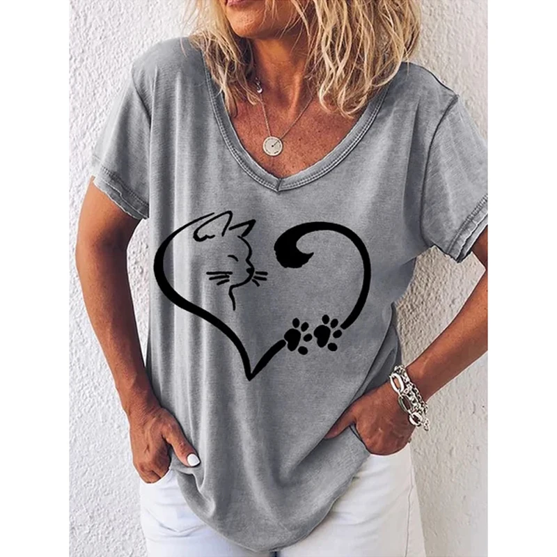 Fashion Woman Blouses T-shirt For Women\'s 3D Cats Printed Black Kawaii V-neck T Shirt Female Clothing Oversized Summer Tops Tees