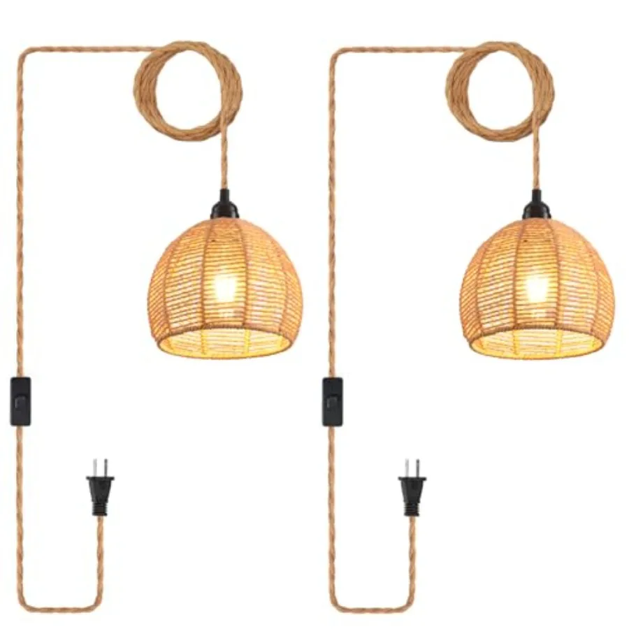 

Plug in Pendant Light Industrial Hanging Light with Plug in Cord Hemp Rope On/Off Switch Farmhouse Pendant Lamp with Plug in Co