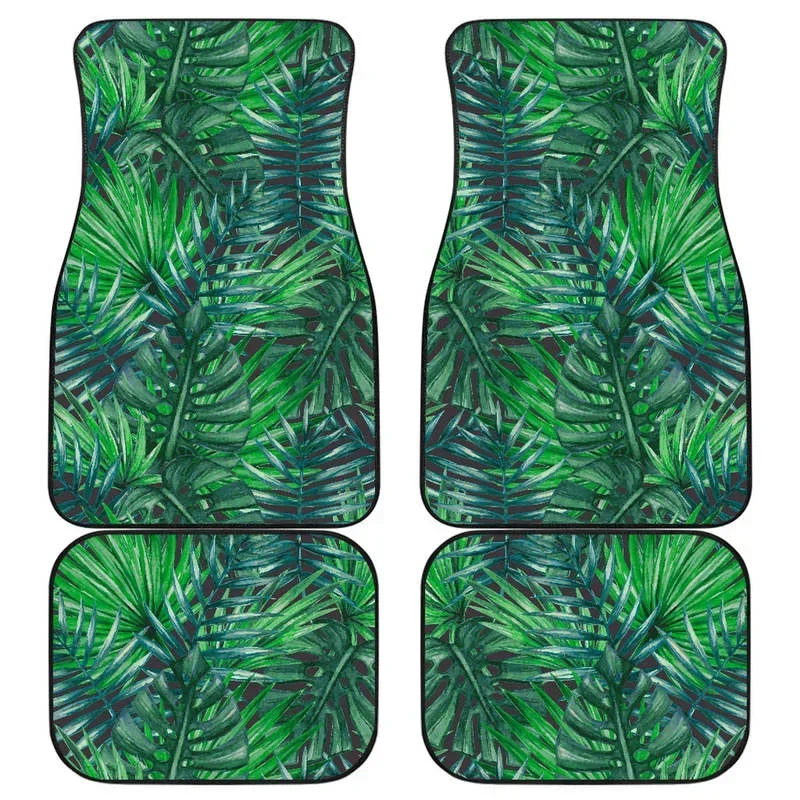 Watercolor Tropical Leaves Pattern Print Front and Back Car Floor Mats Heavy Carpet Front and Rear Full Set 4PCs Pack