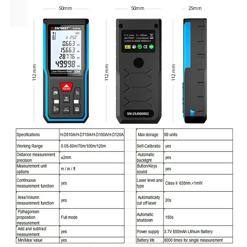 SNDWAY Laser Distance Meter 40M/50M/120M Digital Tape Measure Precision Rangefinder With Distance/Area/Volume/Self-calibration