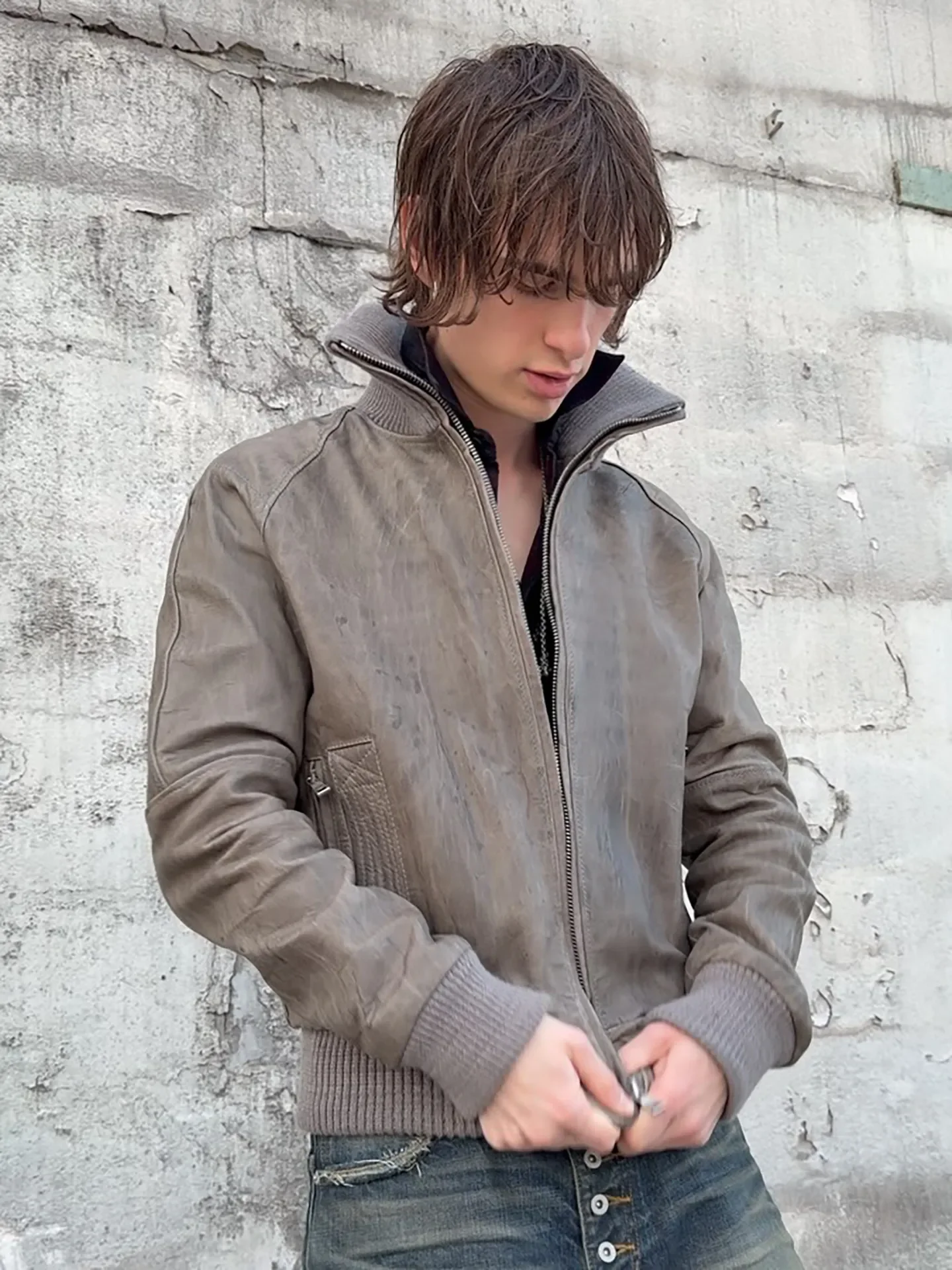 No Faith Studios khaki turtleneck casual three-dimensional boxy cotton jacket leather jacket