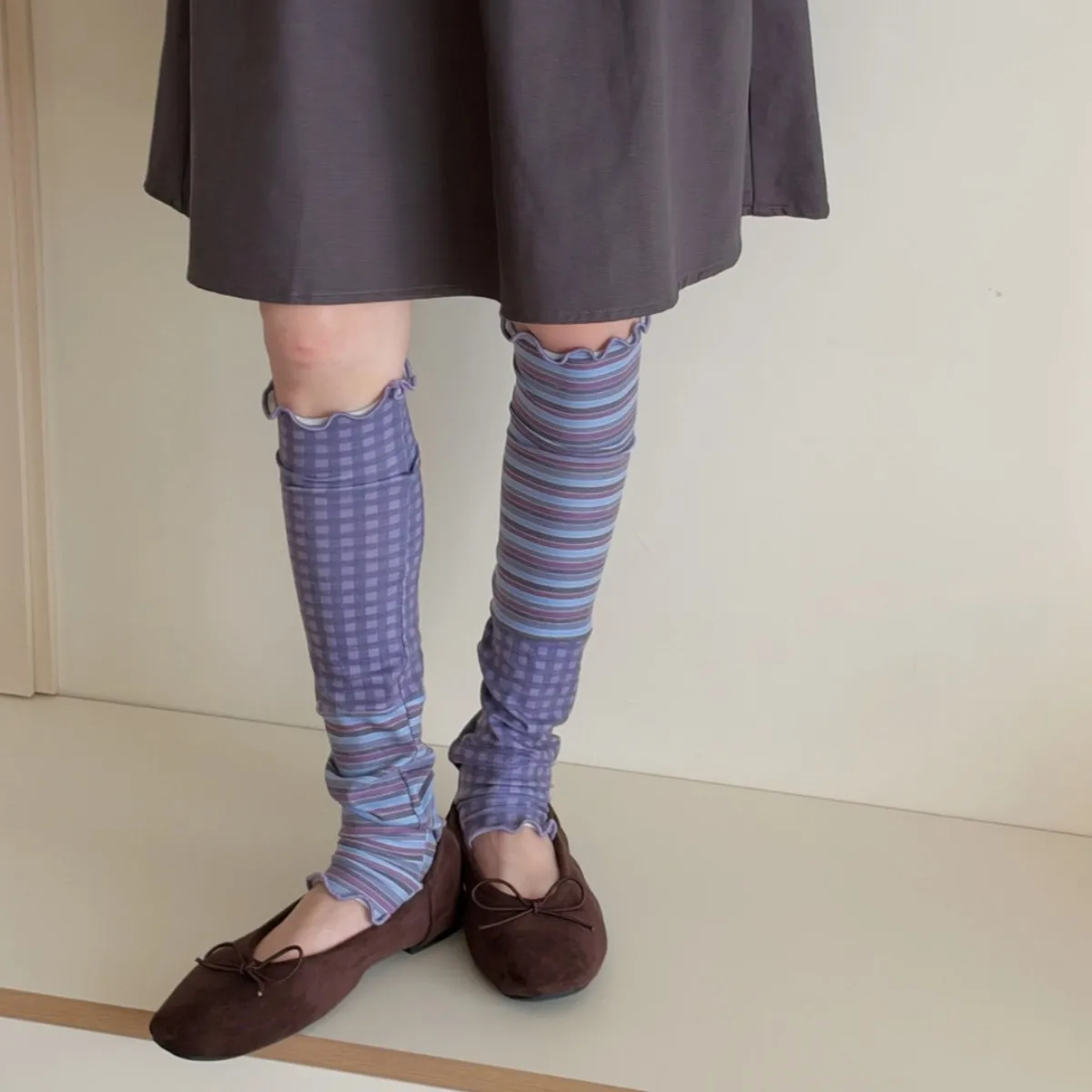 Niche Color Block Retro Spliced Floral Calf Socks Japanese Ins Style Striped Autumn Women Long Socks Home Commute Dating Socks