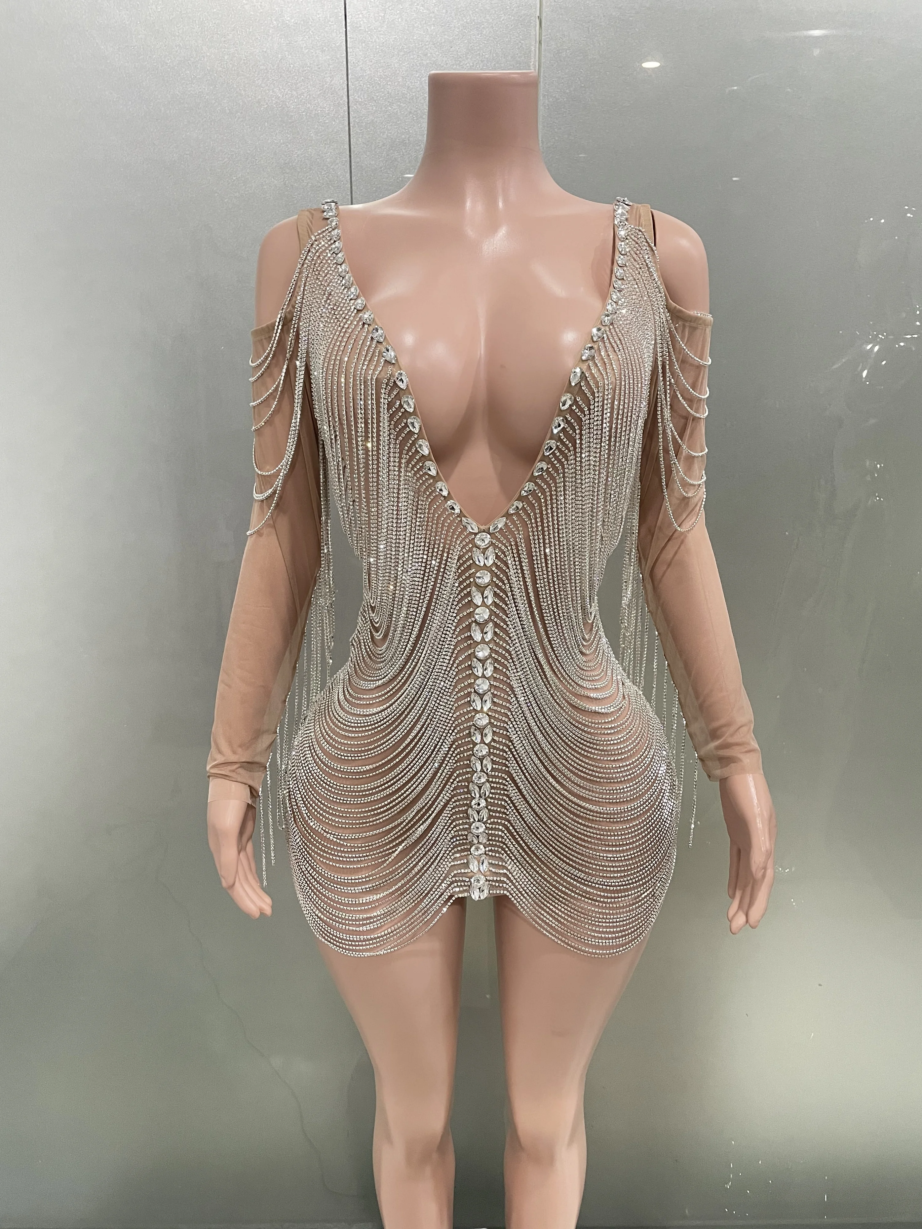 Luxury Sliver Crystal Tassels Chain Sexy Deep V-Neck Sheath Mini Dress Nightclub Performance Singer Stage Party Evening Dress