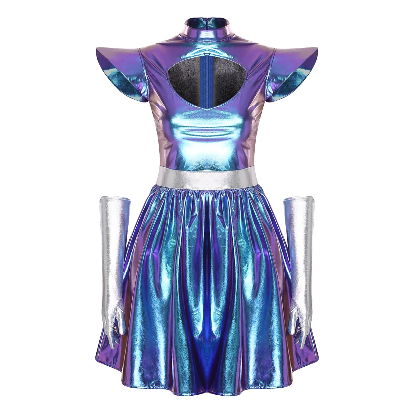 ชุดคอสเพลย์นักบินอวกาศหญิง ชุดเอเลี่ยน ชุดแฟนซีอวกาศ ผ้าเมทัลลิกเงาวาว พร้อมถุงมือ แผ่นรองไหล่ ทรงเอไลน์ ชุดหุ่นยนต์เอเลี่ยน