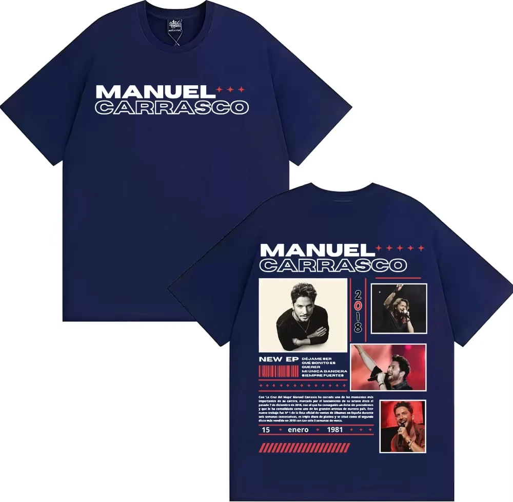 Modna koszulka hip-hopowa retro dla mężczyzn i kobiet, codzienna koszulka z krótkim rękawem, koszulka z okładką albumu rapera Manuel Carrasco z trasy koncertowej.