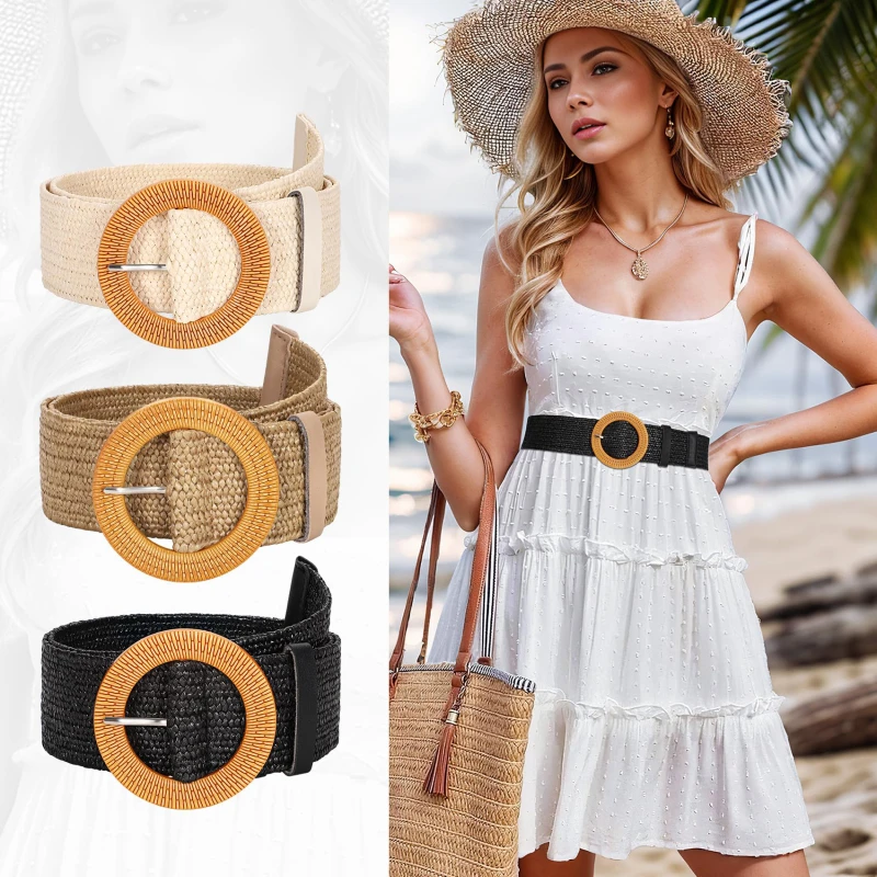 

Ladies Round Dark Wooden Buckle Straw Woven Elastic Belt Versatile Summer Fashion Bohemian Style Geometric Pattern