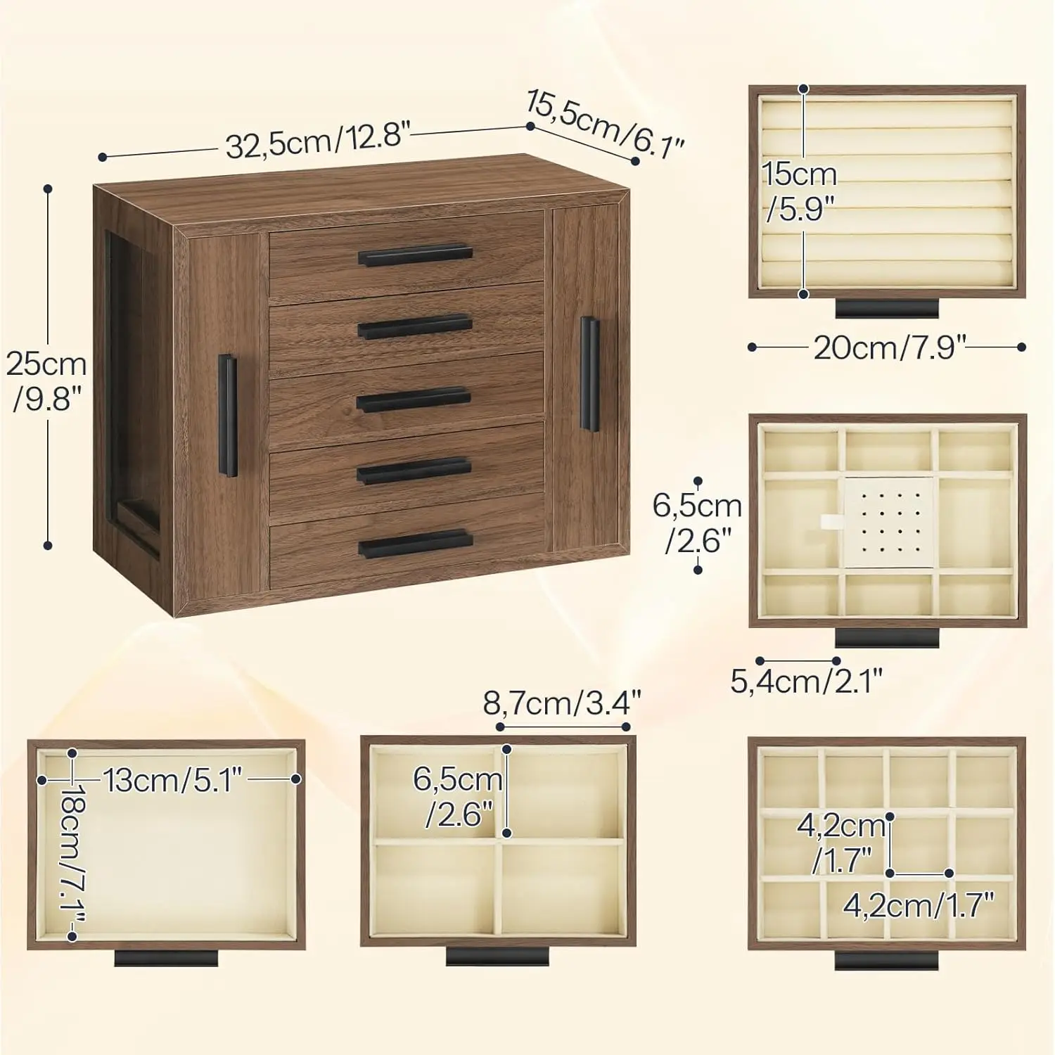 صندوق مجوهرات مكون من 5 طبقات، منظم مجوهرات خشبي بنوافذ شفافة، صندوق تخزين المجوهرات مع درجين عموديين #5