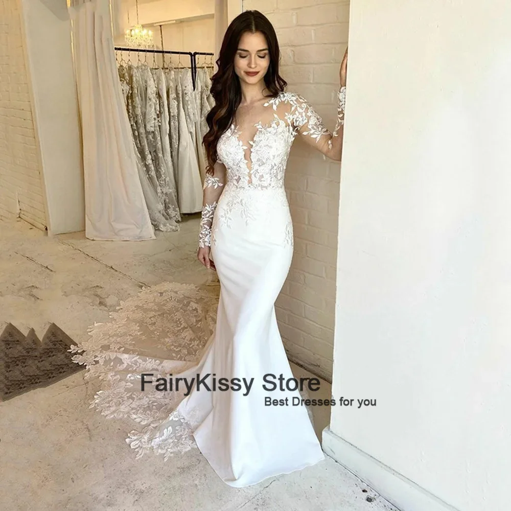 FairyKissy Elegant Lace Mermaid Wedding Dresses For Women 2024 Long Sleeve Lace Appliqued Bridal Gown Illusion Vestido De Novia