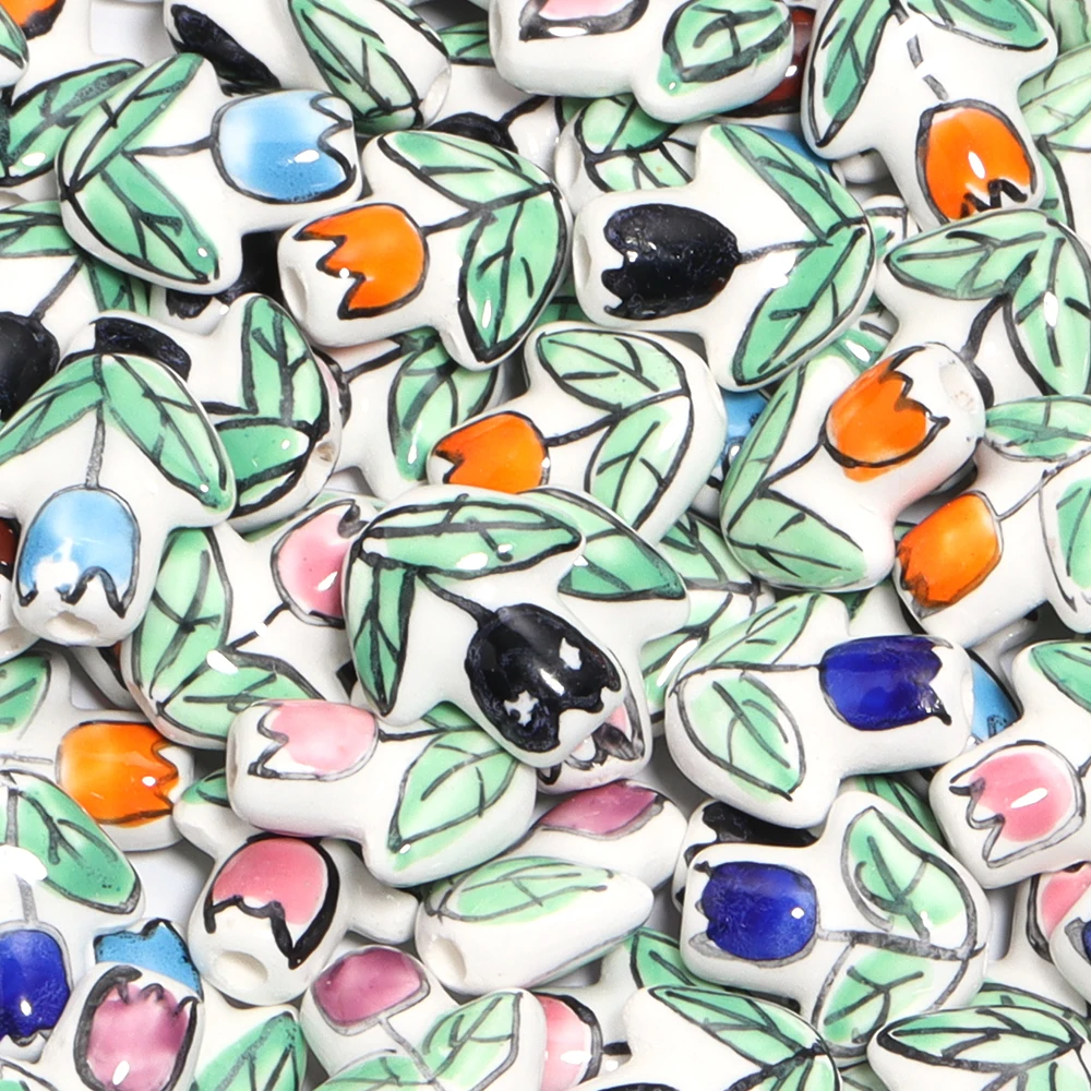 2pcs/lot Tulip Flower Ceramic Beads Multicolor Hand Painted Loose Porcelain  Beads For Jewelry Making DIY Bracelets Accessories