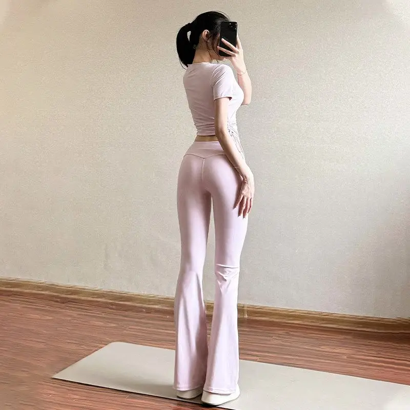 High Waist Bell Bottom Yoga Pants Women's Fitness Training Pilates Sporty Slimming Pants Pink Capri Length Polyester Fabric
