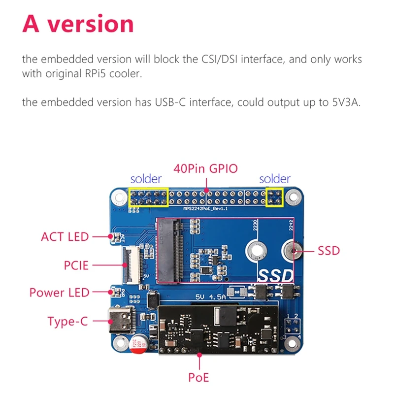 MPS2242-POE A + funda para Raspberry Pi 5 PCIE a NVME SSD 2242 HAT con alimentación POE 5V 4.5A