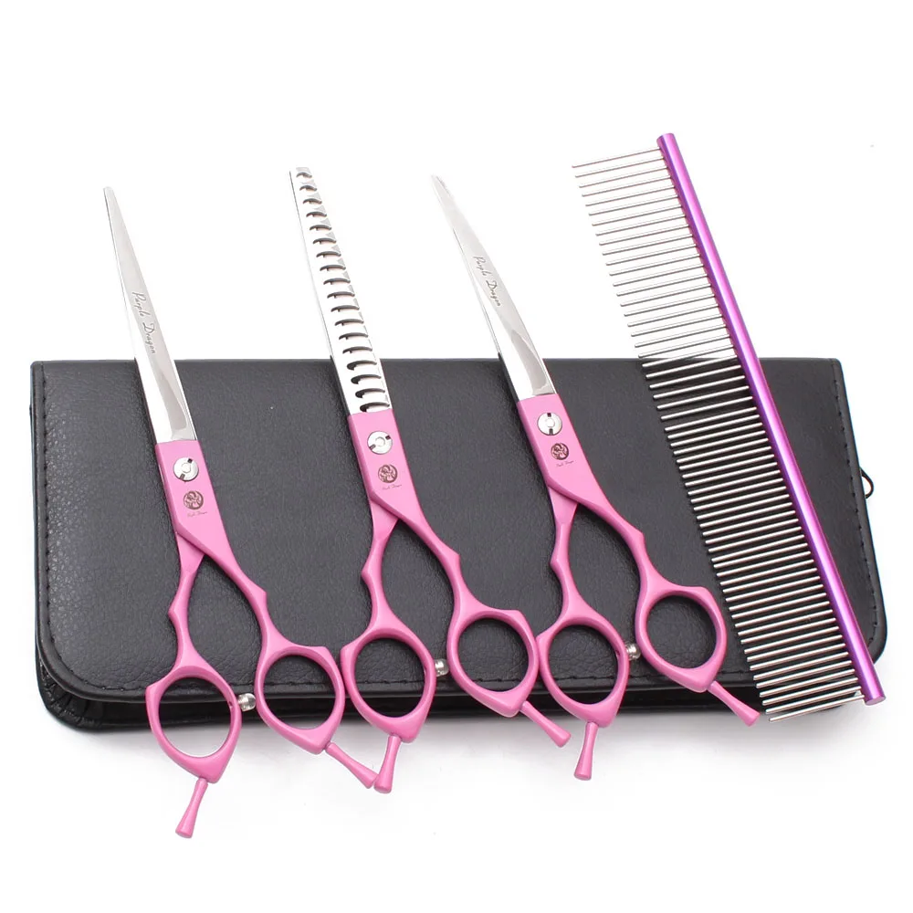 Dog Grooming Scissors Purple Dragon Japan 440C Red Pet Scissors Thinning Scissors Chunker Blender Scissors Curved Shears Z3009
