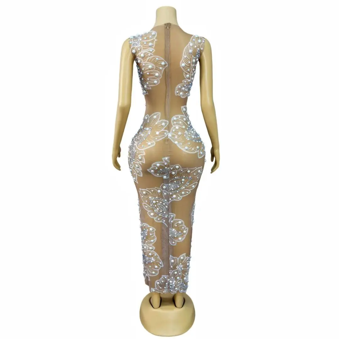 Frauen Luxus Prom Kleider Glänzenden Strass Perlen Mesh Lange Geburtstag Promi Abend Club Party Kleid Damen Bühne Kostüme