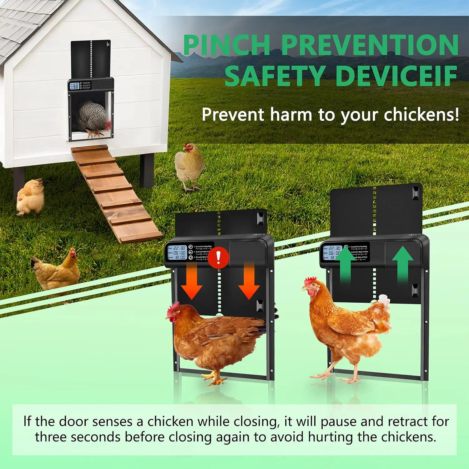 건전지 알루미늄 자동 닭장 문, 방수 디스플레이 타이머 및 지능형 핀치 방지 기능 탑재