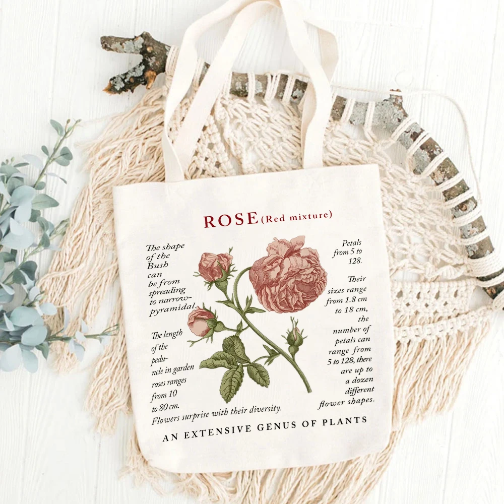 Vintage Style Plant Rose Floral Print Designs Ladies Bag Shoulder Summer Shopper Canvas Shopping Tote Bags Weekend Large Bag