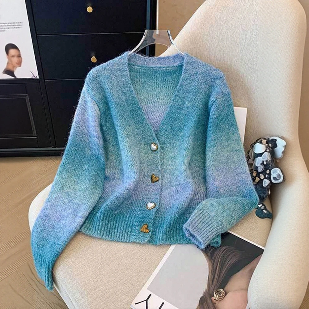 

Women's Korean Style Gradient Knit Cardigan V-Neck Long Sleeve Autumn Coats Daily Wear