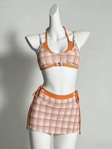 Cute Grid Strap Two Piece Bikini Set High Cut Leg Cheeky Bottom Soft Fabric Swimwear Beach Bathing Suit Women Vacation Holiday