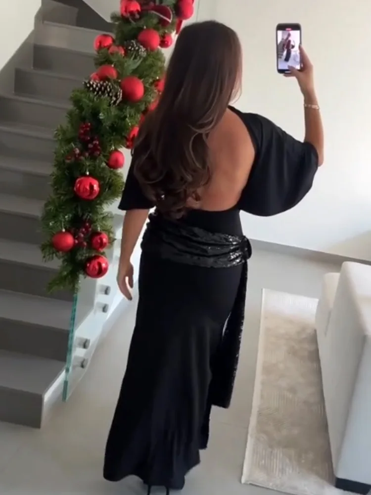 ชุดเดรสยาวผู้หญิงแฟชั่นเซ็กซี่ โชว์หลัง แขนสั้น แต่งเลื่อมแบบไม่สมมาตร สีพื้น เรียบหรู สำหรับงานปาร์ตี้และงานกลางคืน