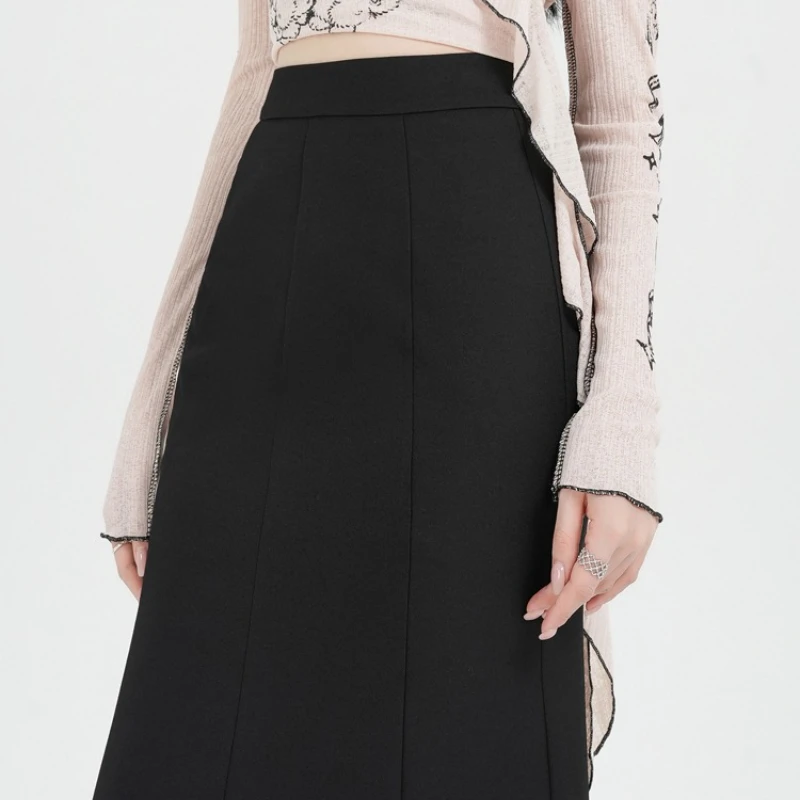 Jesienne spódnice damskie z wysokim stanem w stylu vintage, czarne, kopertowe, typu rybka, nowe, eleganckie, do biura, ołówkowe, w kształcie litery A, syrenie, na rok 2025.