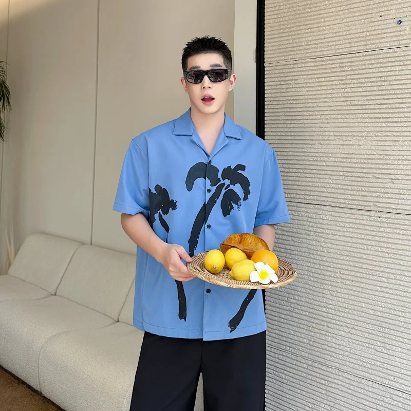 

Летняя рубашка с кубинским воротником и принтом, модная, морского синего цвета, с коротким рукавом, для мужчин и женщин, в стиле Lazy Style