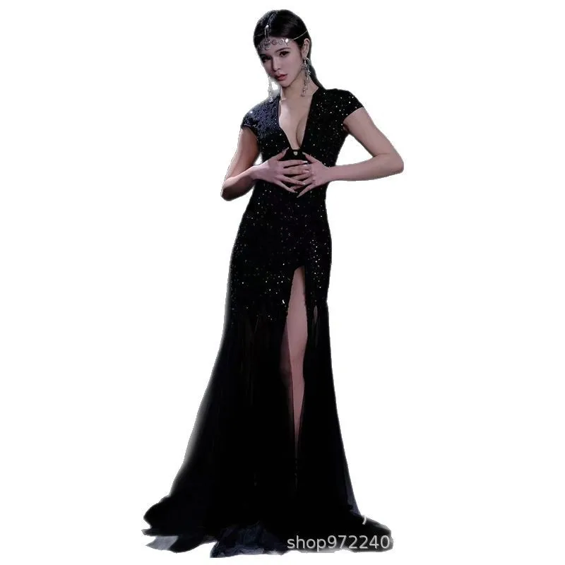 

Light Luxury High-end Black Mesh High-split Rhinestone Dress Cocktail Party Evening Dress Model Catwalk Trendy Vestido De Festas