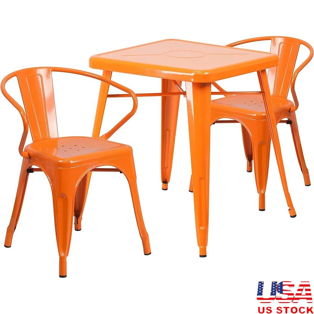 Commercial Grade 23.75 Inch Square Metal Table Set with 2 Arm Chairs Indoor Outdoor Use Durable Galvanized Steel Construction