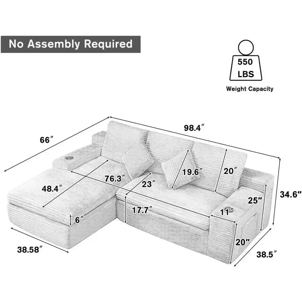 

BonelL Shaped Sectional Couch or Living Room urniture Sets,98" ular Soa with Cup Holders/Side kets/3xThrow Pillows,ern Cloud Cou