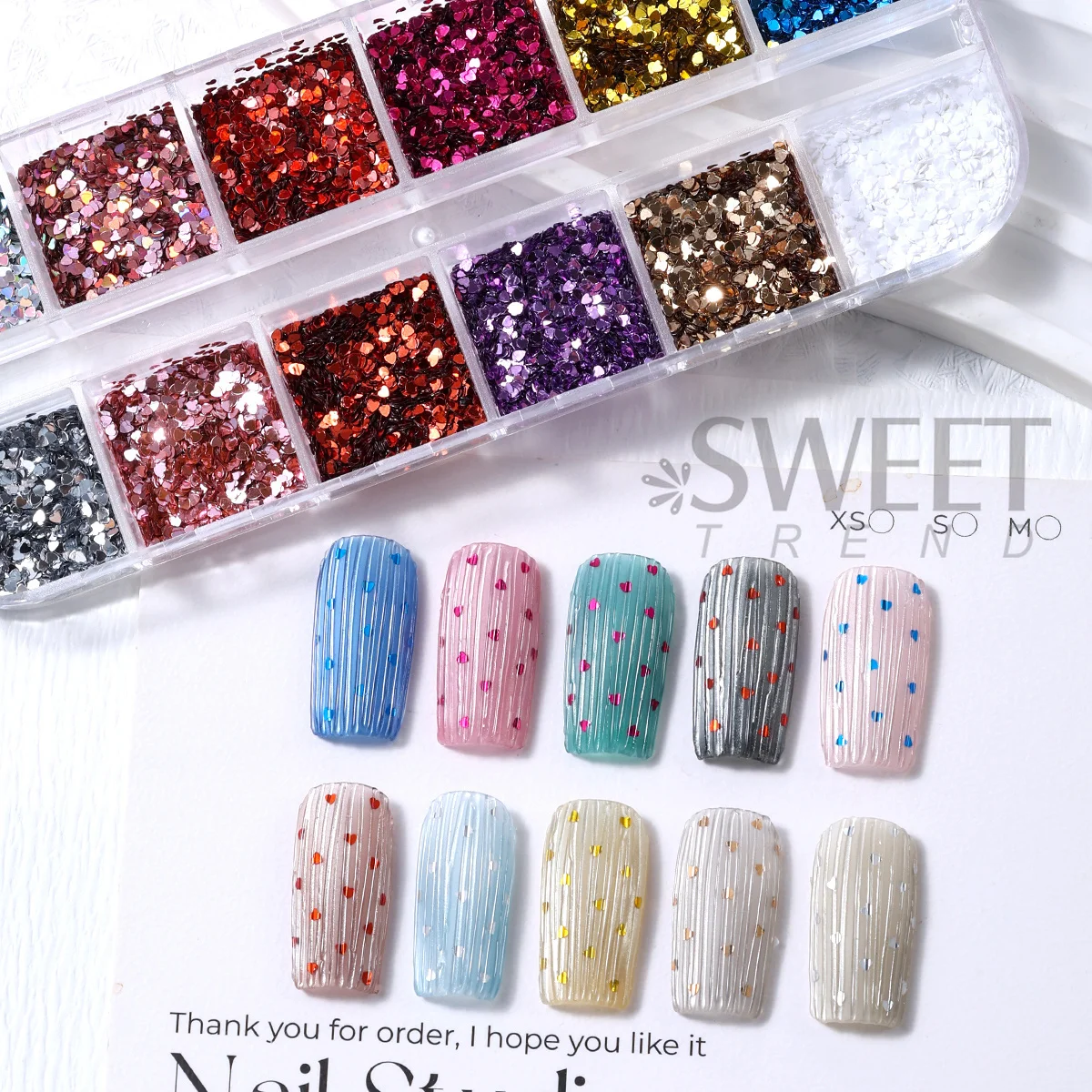 12 Grids Mini Heart Nail Sequins Colorful Holographic Love Shape Slices Polka Dots Flash DIY Japanese Valentine's Manicure Decor