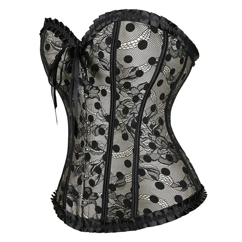 Women Sexy Lace Overbust Corset Polka Dot Back Frenulum Boned Lingerie Victorian Floral Shaping Corset Tops Plus Size