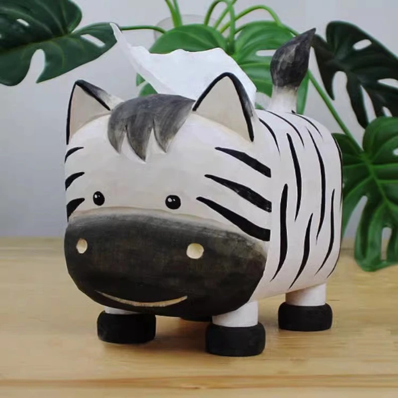 

Hand-carved zebra wooden tissue box, solid wood carving Cartoon Zebra tissue holder, desktop decoration