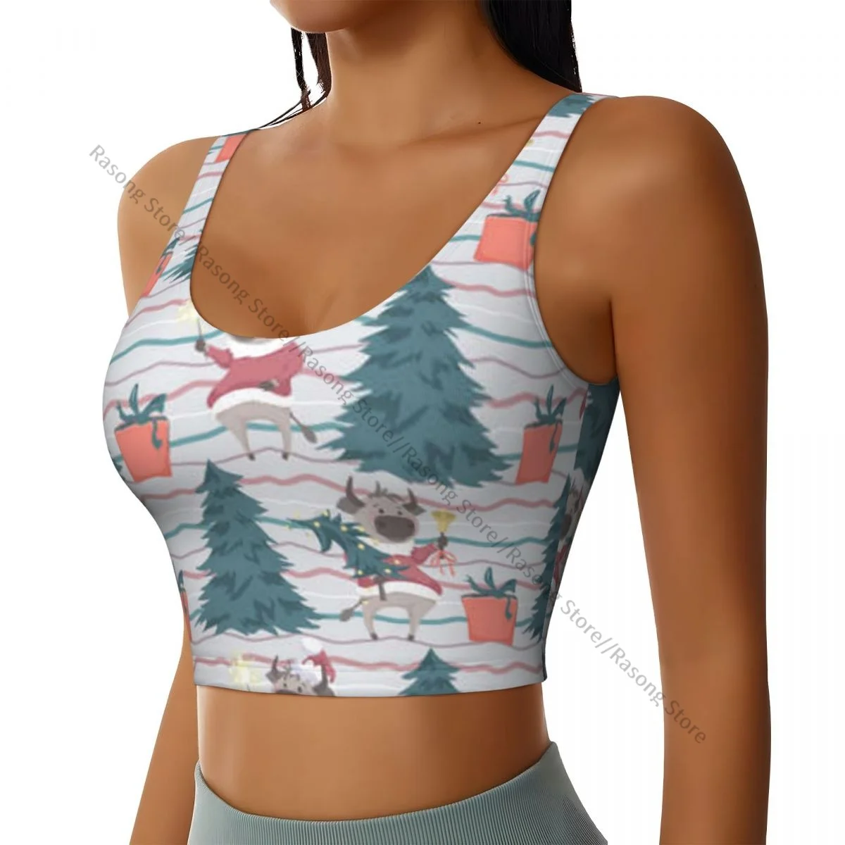 Yoga Vest Women Gym Sports Crop Tops Coloful Stripes Christmas Tree Cartoon Bulls Streetwear Workout Breathable Tank Top Female