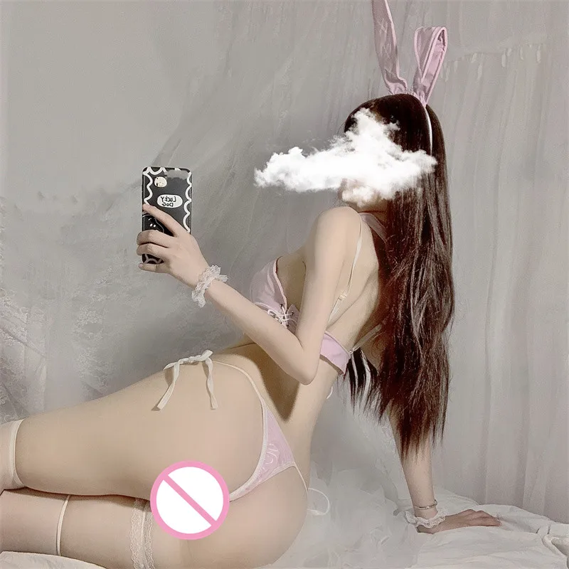 NEW Cute Pink Bunny Girl Faux Leather Material Rabbit Set Sexy Women Bra Erotic Bikini Lingerie Kawaii Cosplay Bunny Costume