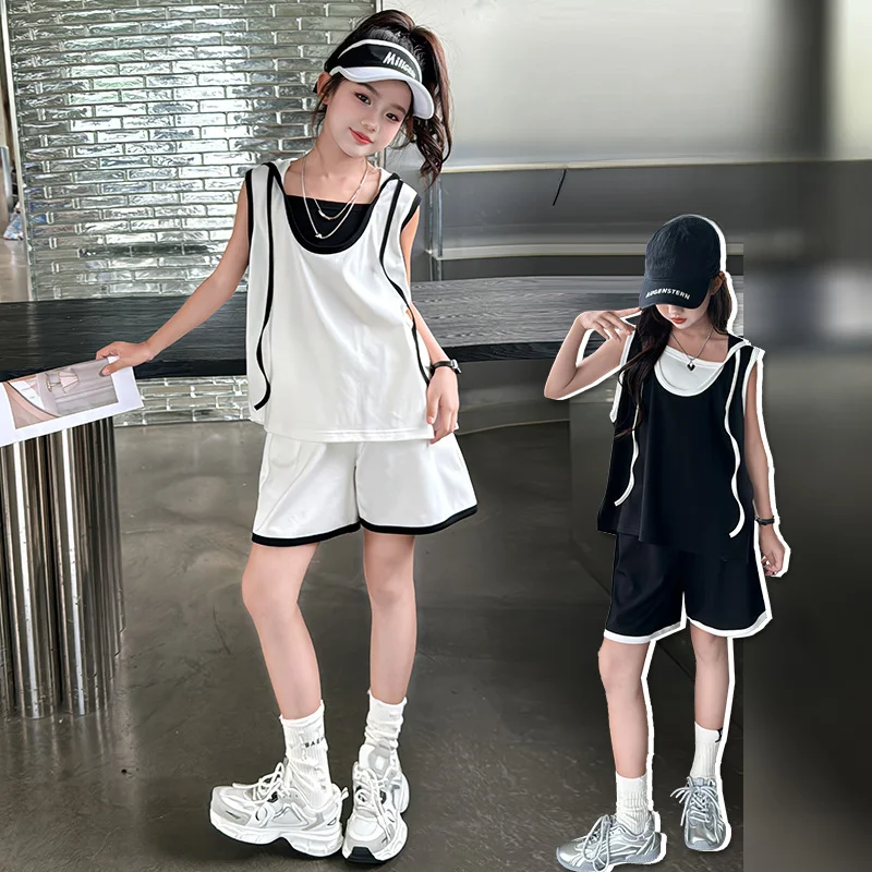 

Girls Suit 2024 New Fashion Girls Sports Style Hooded Suit Foreign Style Big Kids Two-piece Set Clothes European Fashion Style