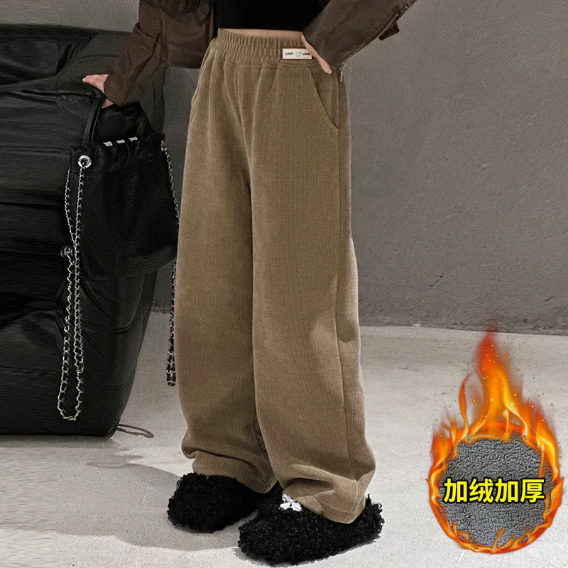 2024 New: Girls' Warm Plush Palazzo Pants, Casual Straight-Leg Trousers for Mid to Big Kids.