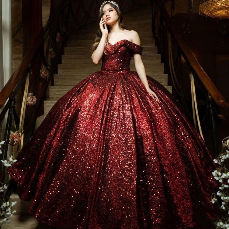 

Sparkly Quinceanera Dress 2023 Vestidos De 15 Quinceañera Dress Wine Red Sequin Sweet 16 Dress Birthday Party Ball Gown Lace Up