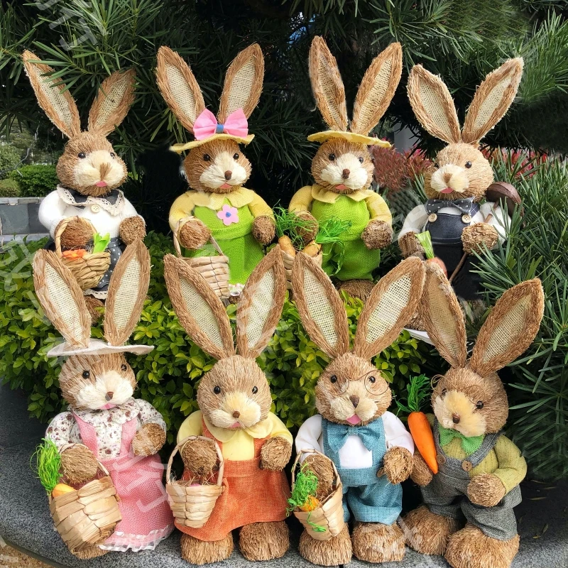 Easter Rabbit Straw Woven Bunny Decoration Ornament Easter Holiday Decors w/ Clothes Yard Party Home Desktop Supply 35CM P31B