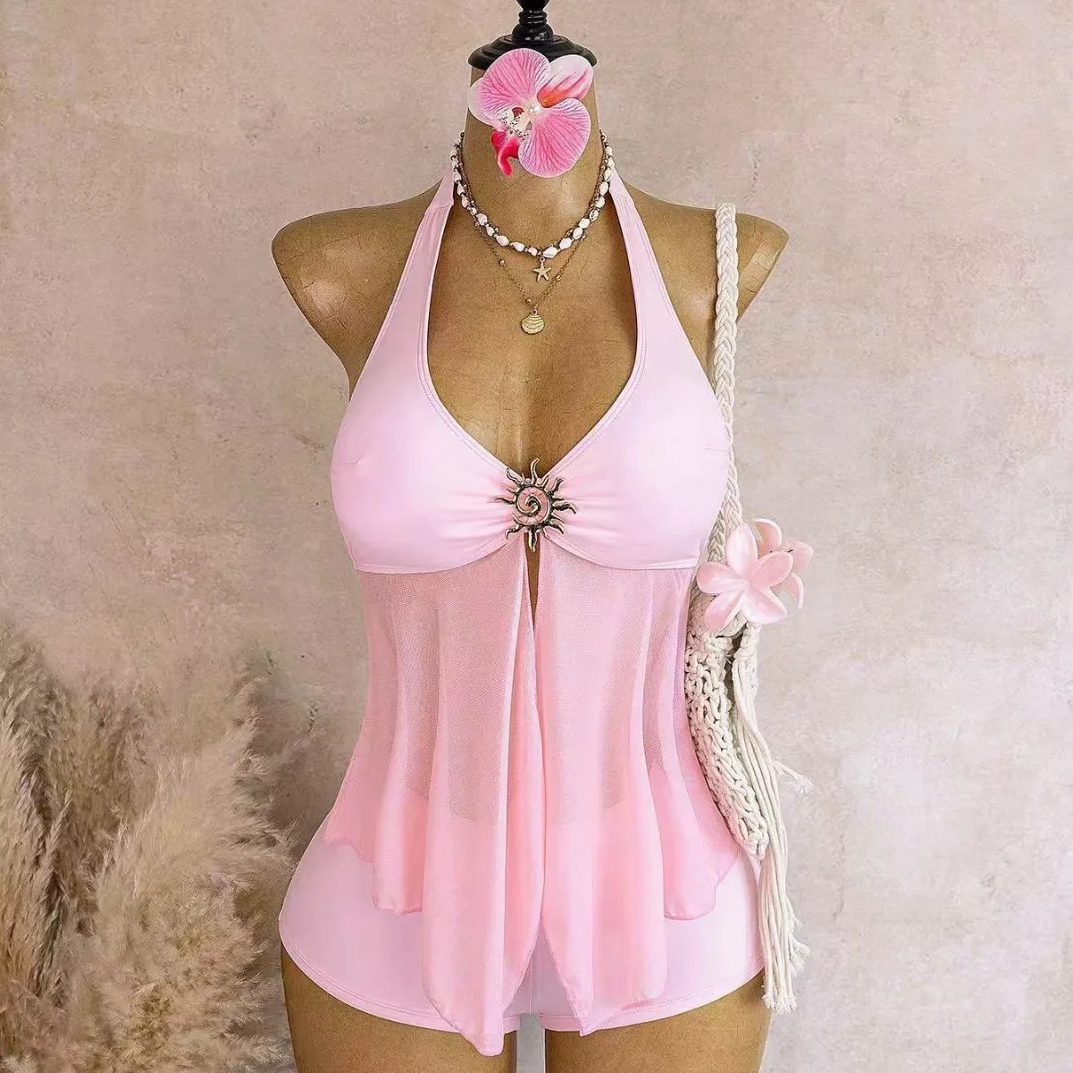 Women 2 Piece Skirted Bikinis Set Swimsuit Print Halter V Neck Metal Buckle Tummy Control Conservative Bathing Suit Swimwears