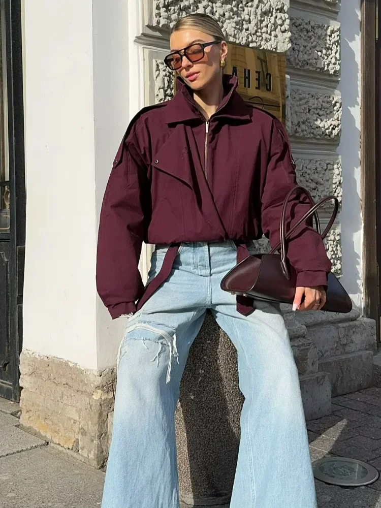 

Women's Lace Up Jacket Wine Red Short Coat Stand Collar Design Zipper Button Closure 2025 New Fashion Long Sleeve Pocket Outfits