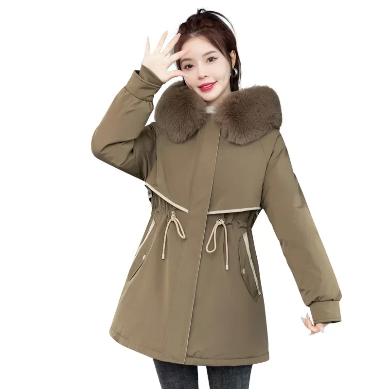 

Women Winter Jacket Cotton Liner Hooded Parkas Coat Fur Collar Outwear 2023New Warm Basic Coat Cotton Jacket Female Windbreakers