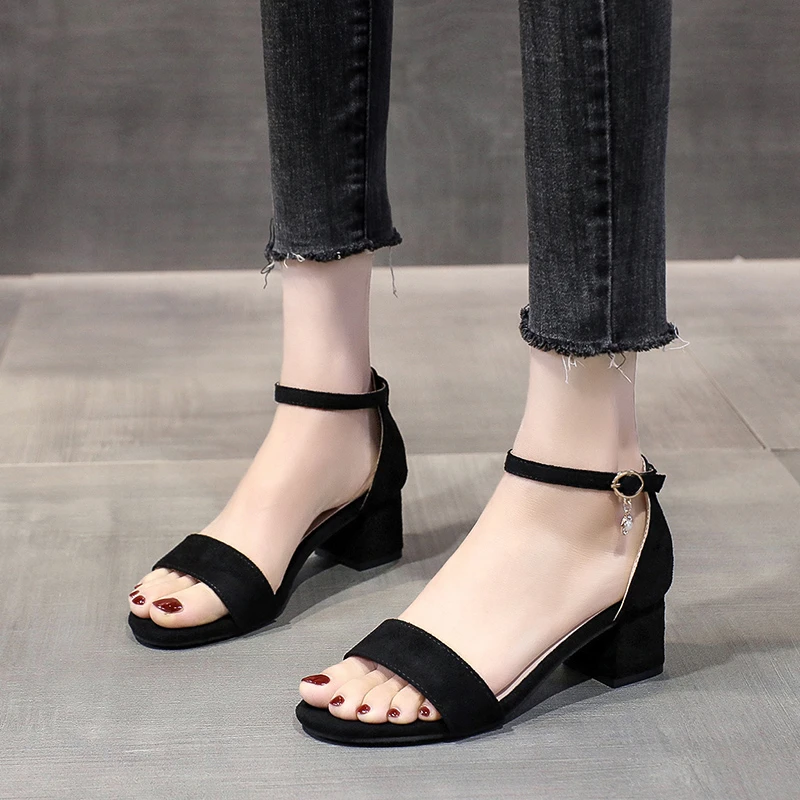 New Solid Color One-line Buckle Sandals Womens Summer Thick Heels Fashion Sexy Black Versatile High-heeled Women\'s Shoes 2023