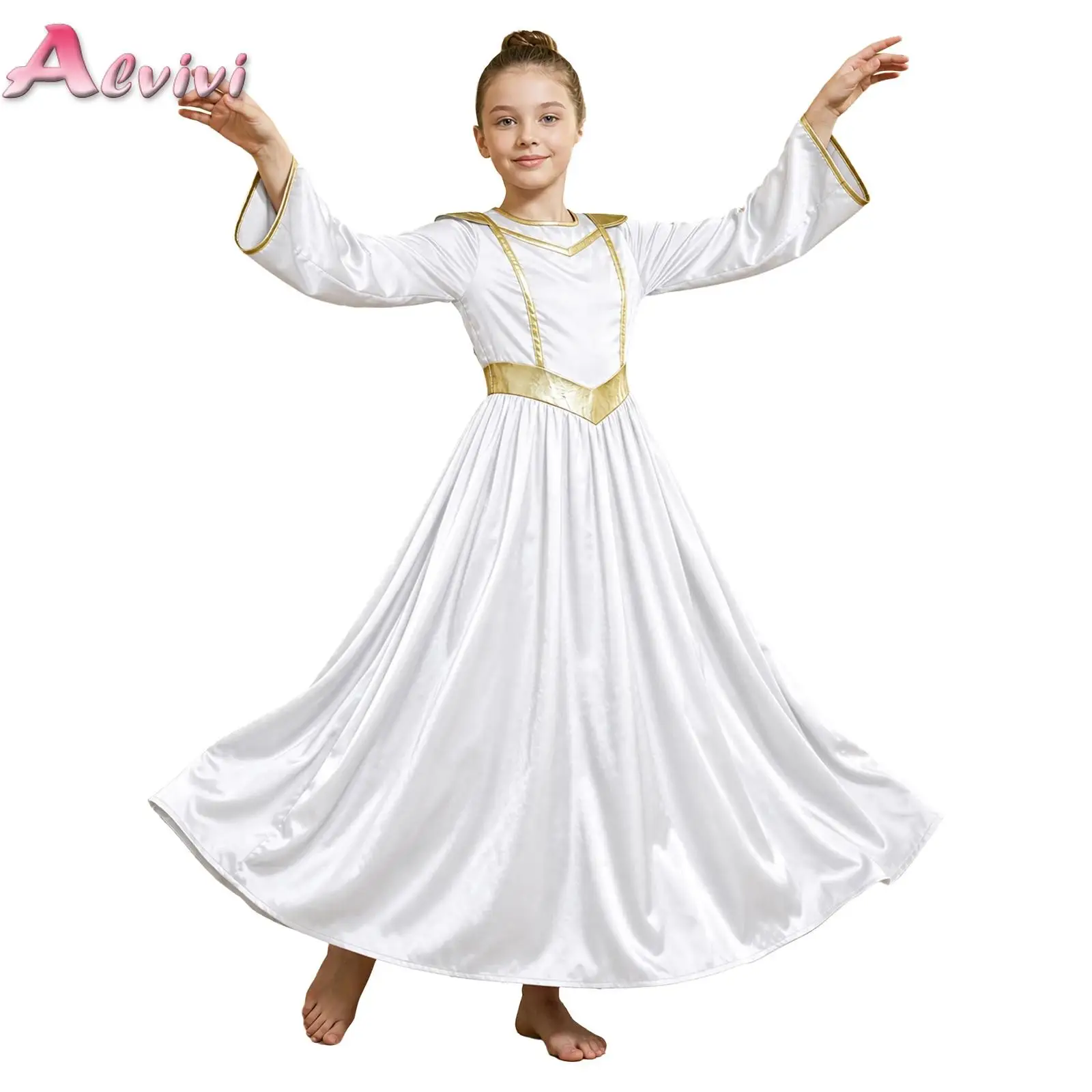 Kids Girls Praise Lyrical Dance Dress Liturgical Worship Church Choir Robe Performance Dancewear Metallic Long Sleeve Dress