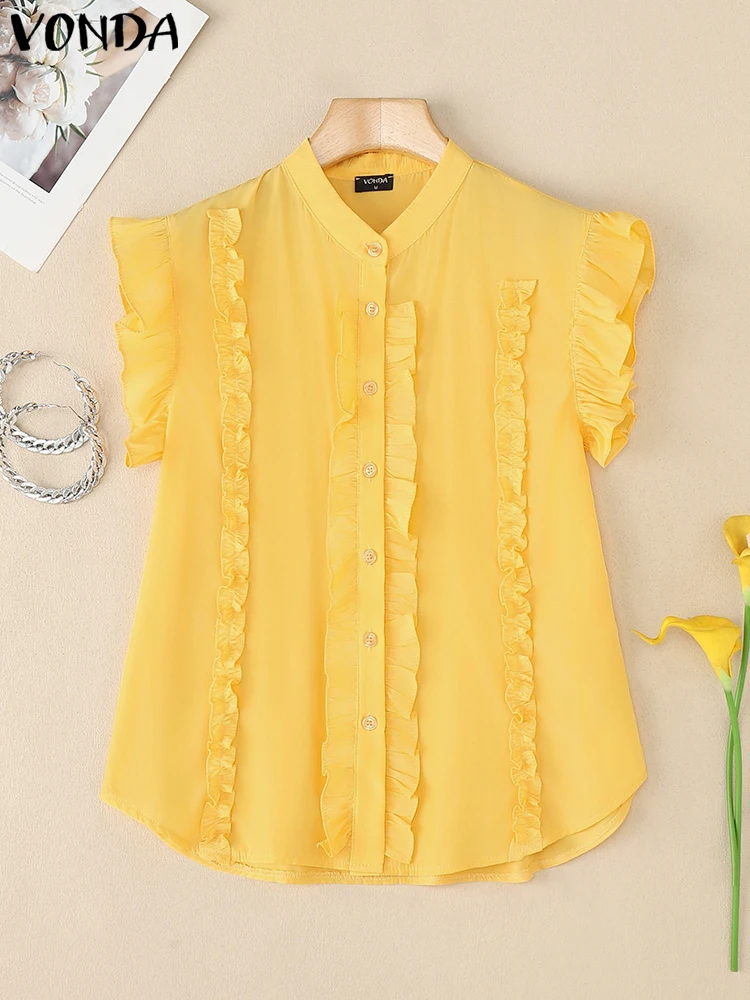 VONDA Summer Women Korean Shirts Short Sleeve Ruffled Blouses 2025 Fashion Buttons Solid Tunic Tops Casual Elegant Sweet Blusas