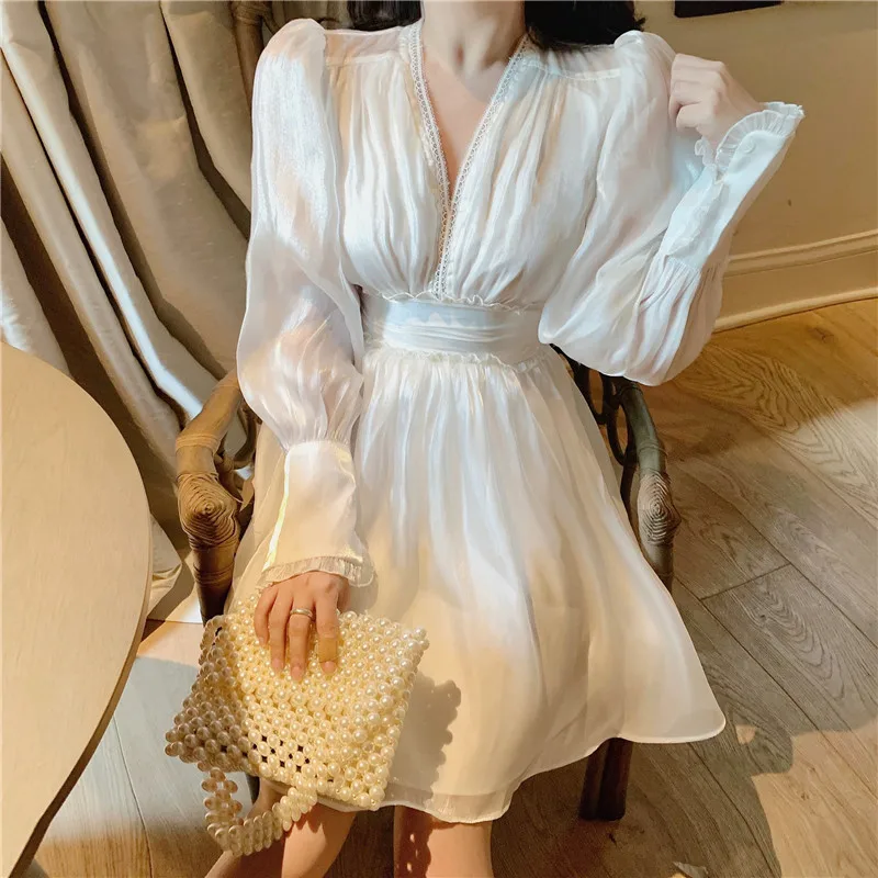 Gagarich Fashion Women French Sexy Waist Cinching Long Sleeved Dress Autumn New White Mid Length Bubble Sleeve Fairy Vestidos