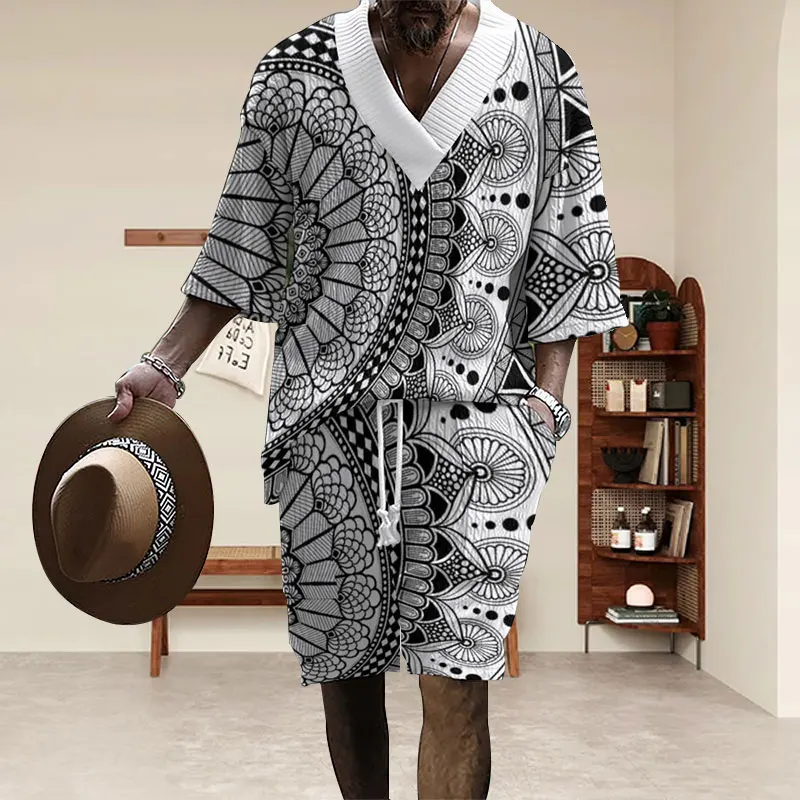 

2025 Summer New Men's Set 3D Casual Loose Euro Size Men's Wear V-neck Half-sleeve T-shirt And Shorts 2-piece Set