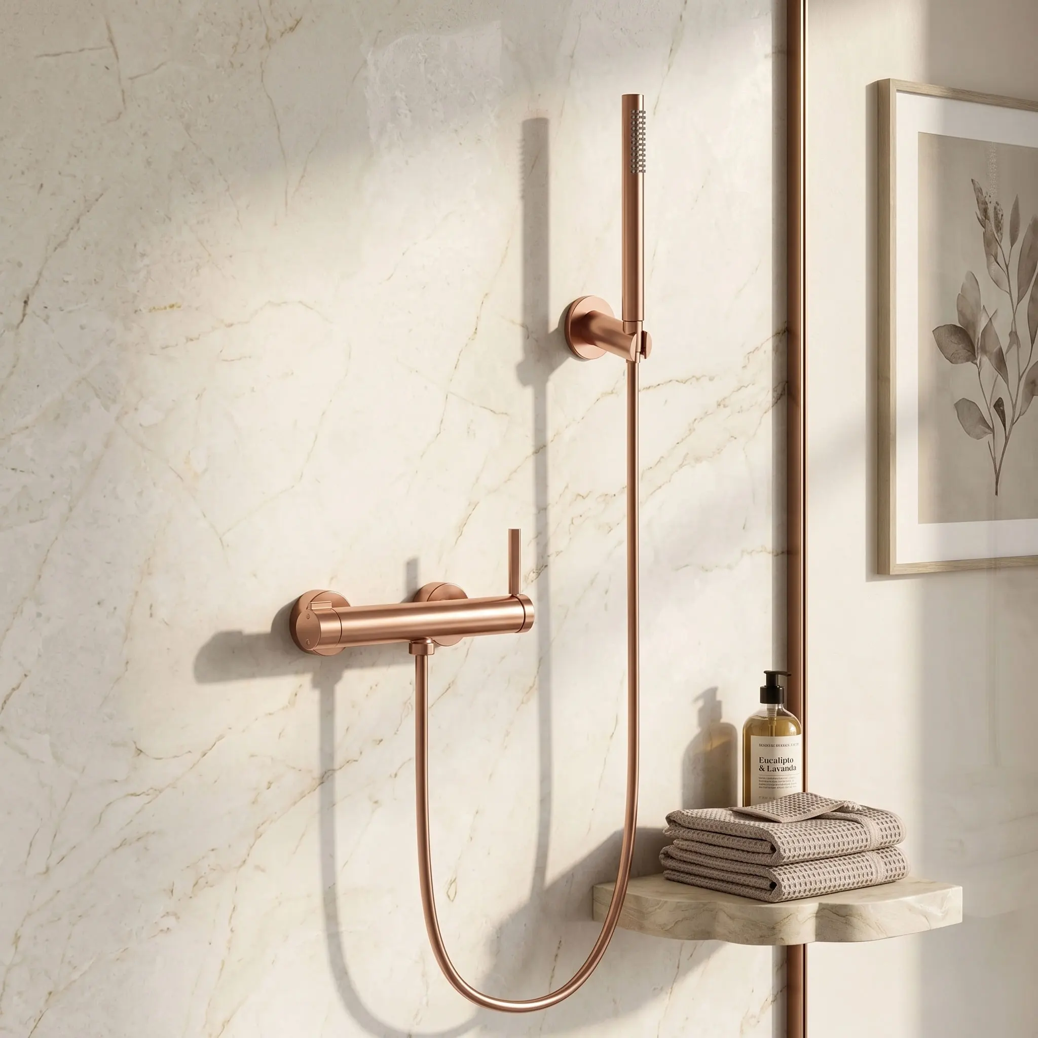 

Juego grifería para bañera con cascada y ducha mano, acabados en oro rosa cepillado, metal bronce, oro rosa cepil