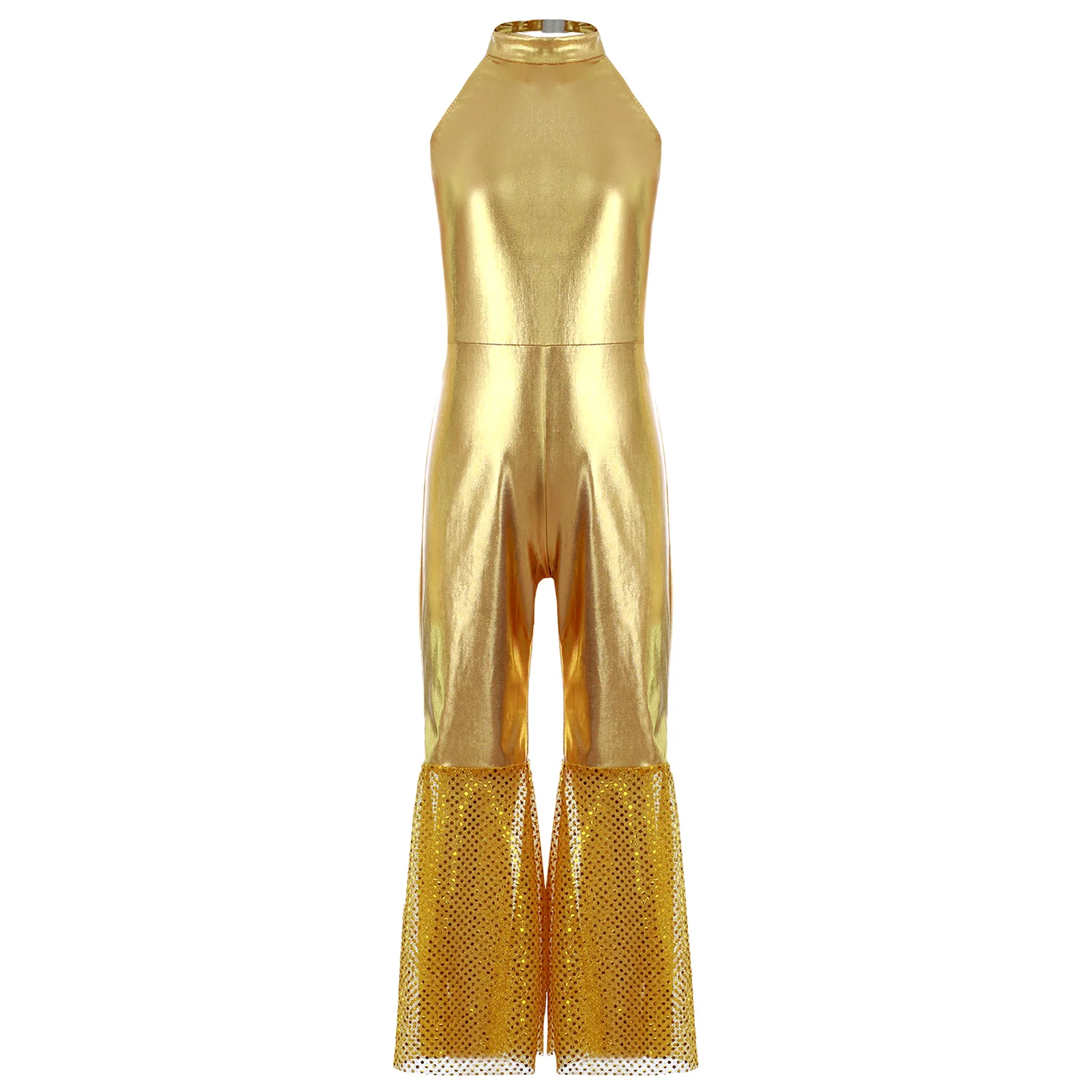 Kids Girls Forum Disco Costume 60s 70s Groovy Hippie Metallic Jumpsuit for Halloween Party Festivals Dance Stage Performance