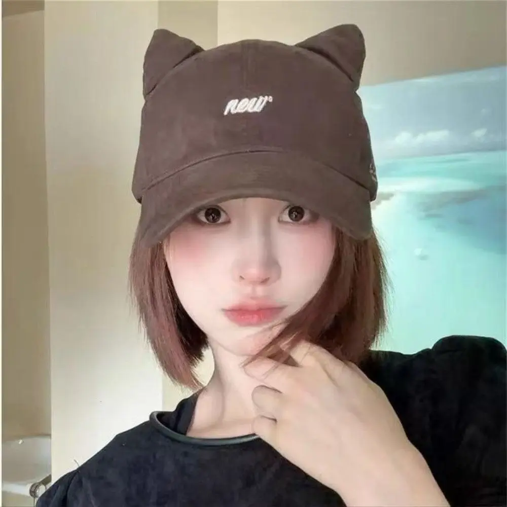 Fashion Embroidered Embroidery Letter Baseball Cap Cotton Visor Cat Ear Hat Korean Style Sunscreen Peaked Cap Outdoor